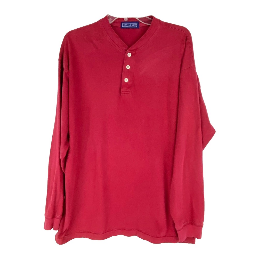 Savile Row Long Sleeve Henley Shirt Men's L Red Maroon 3 Button Placket Cotton